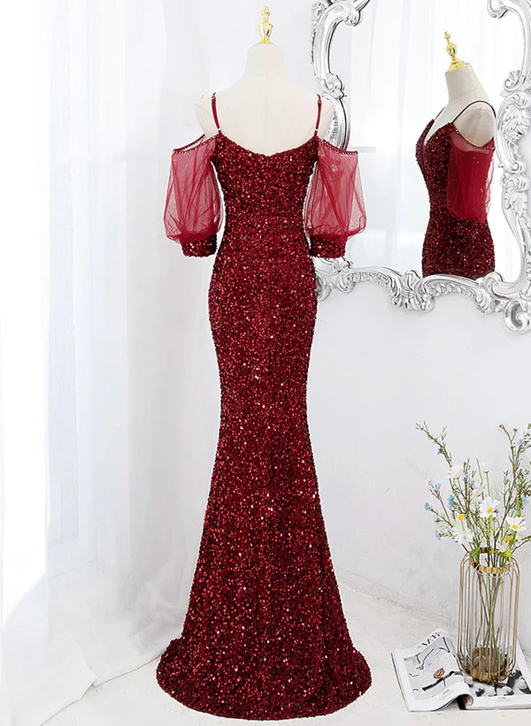 Vestido largo de fiesta de sirena de terciopelo rojo vino